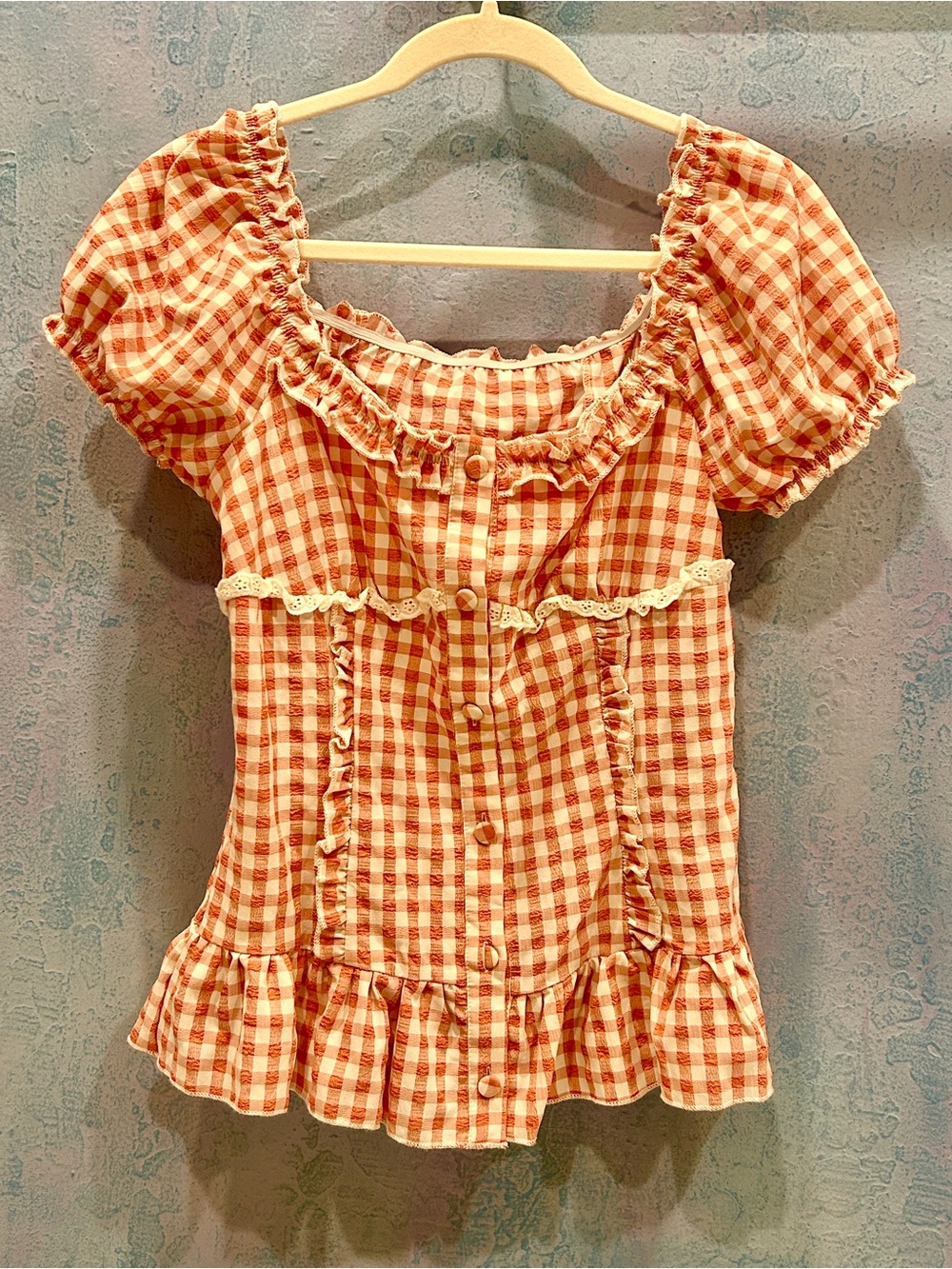 Women’s Square Neck Gingham Peplum Top - Peach Check